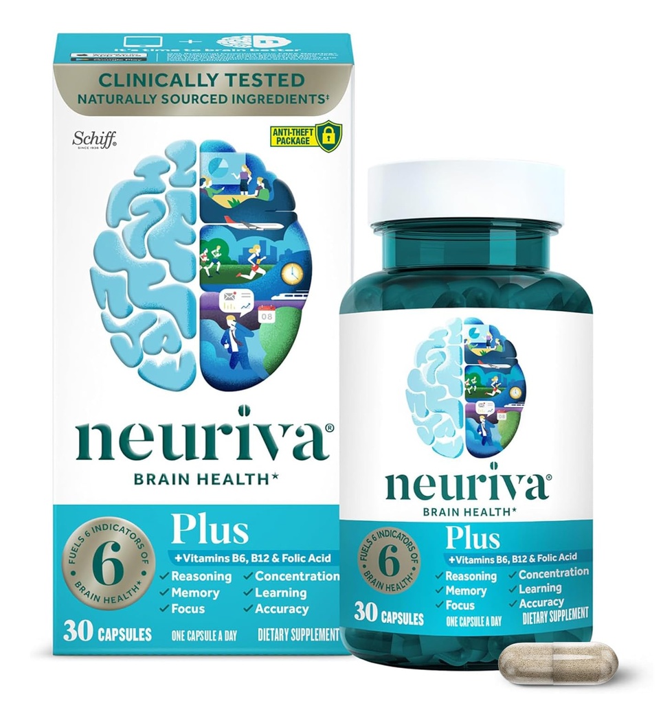 NEURIVA Plus Brain Supplement mälu, fookus ja kontsentratsioon + Kognitiivne funktsioon kliiniliselt testitud nootroopika fosfatidüülseriin ja neurofaktor, vitamiinid B6 & B12, 30 loend kapslid