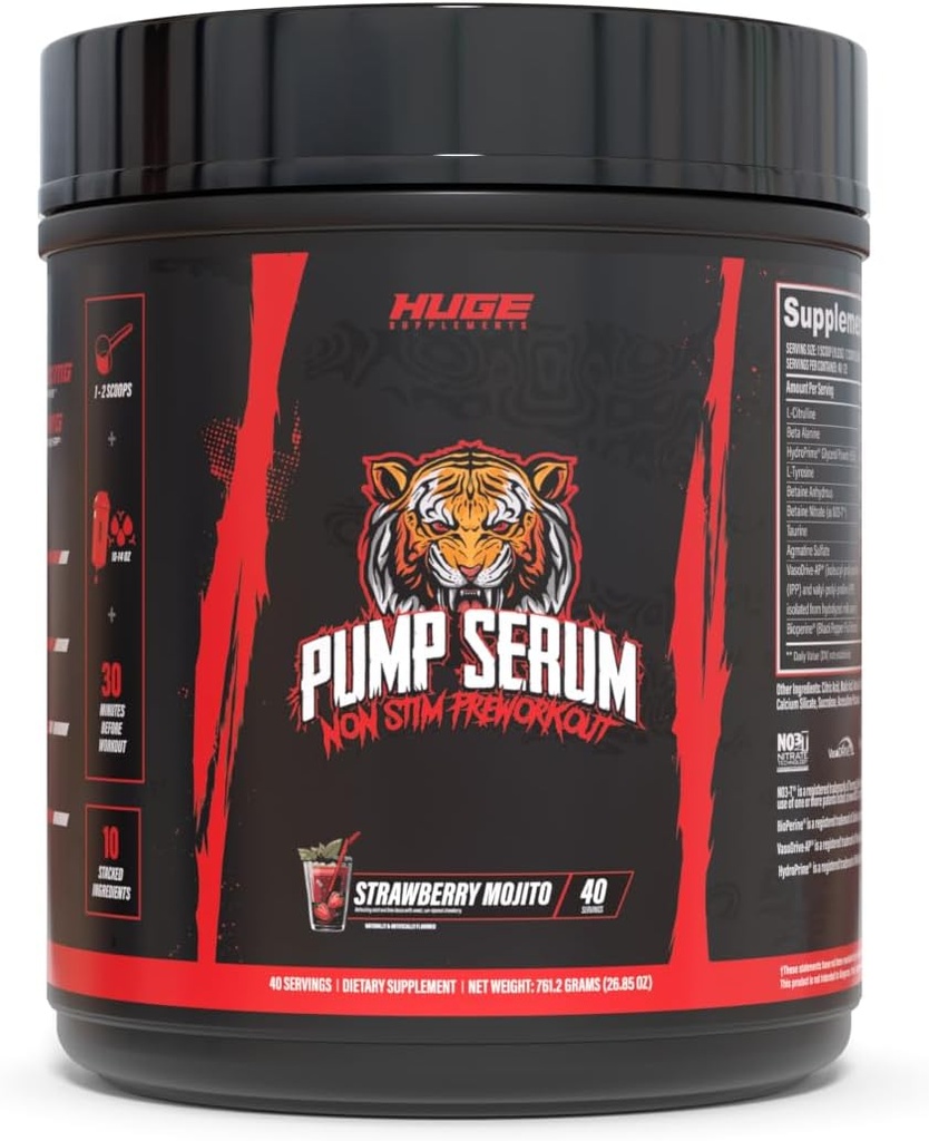 Tohutud täiendused Pump Seerum, Stim Free Pre Workout ja lämmastikoksiidi Booster, et suurendada fookust, pumbad, Fulness ilma kofeiini, L-tsitrulliin, GlycerPump, L-türosiin, Nitrosigiin (Maasikas Mojito)