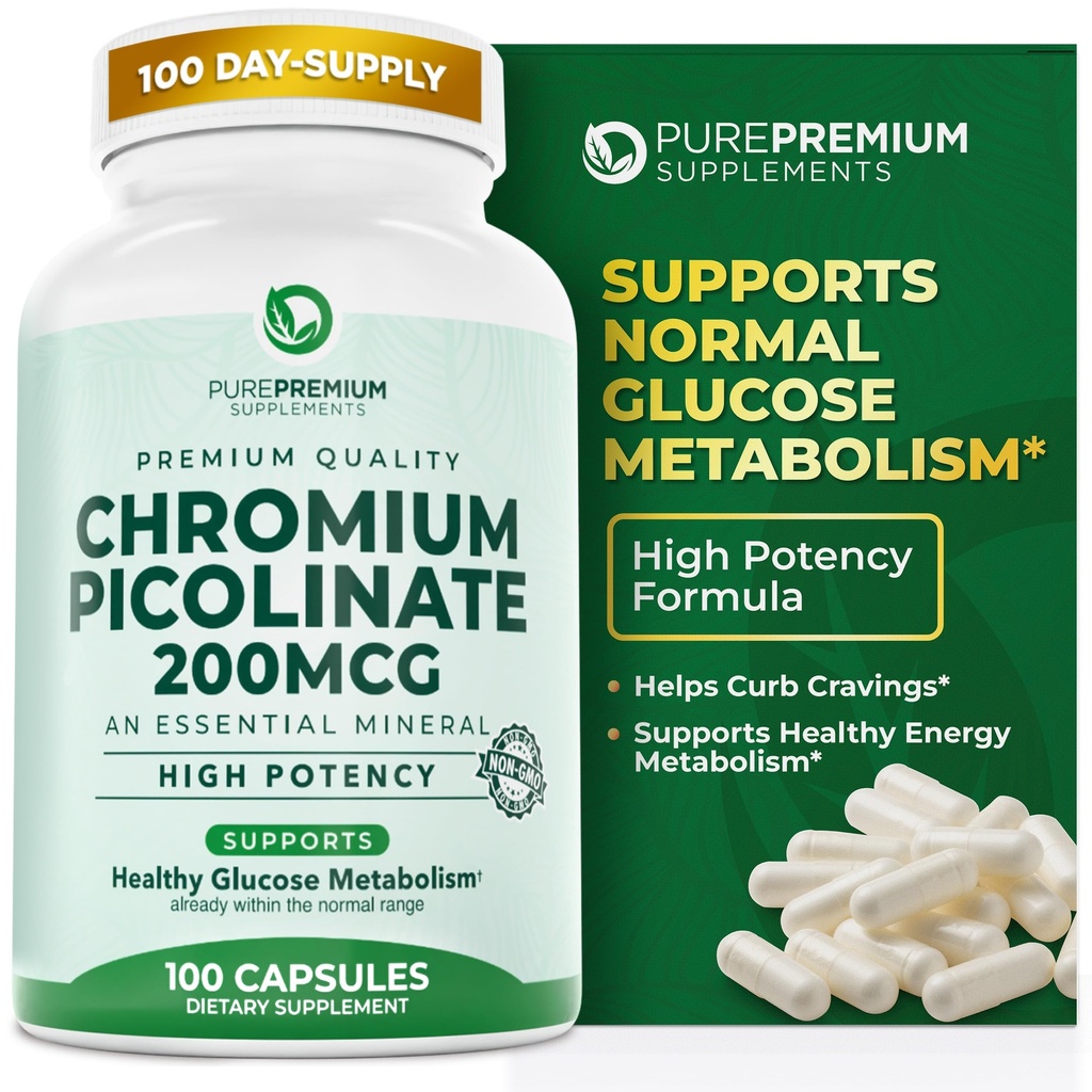 PurePremium kroompikolinaat 200mcg - kõrge potentsi kroomi toidulisandeid - oluline mineraalide tervise toetust meestele / naistele - gluteenivaba - 3 kuud pakkumine - 100 kapslit