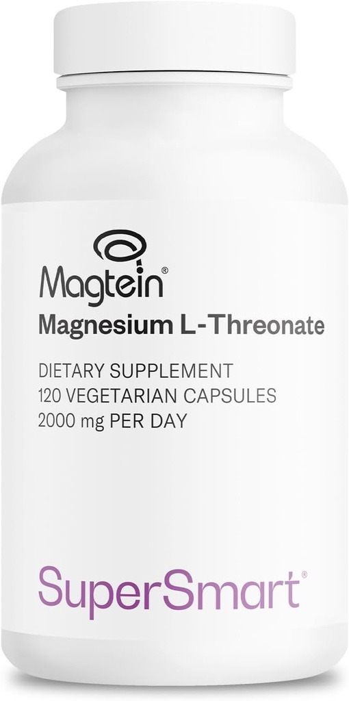 Supersmart - Magneesium L-Threonate 2000mg päevas (Magtein) - patenteeritud ja väga biosaadav magneesiumtroonaat - Mälu, aju tervis ja tähelepanu | Mitte-GMO & Gluteenivaba - 120 taimekapslit