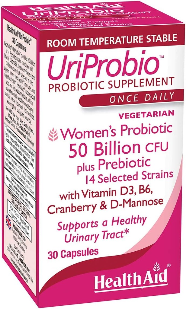 HealthAid UriProbio - 50 miljardit CFU Naiste probiootikum koos prebiootikumi, Jõhvika, D-Mannoosi, D3-vitamiini ja B6-ga | Toetab kuseteede ja seedetrakti tervist, happe- ja sapiresistentsust, Vegan