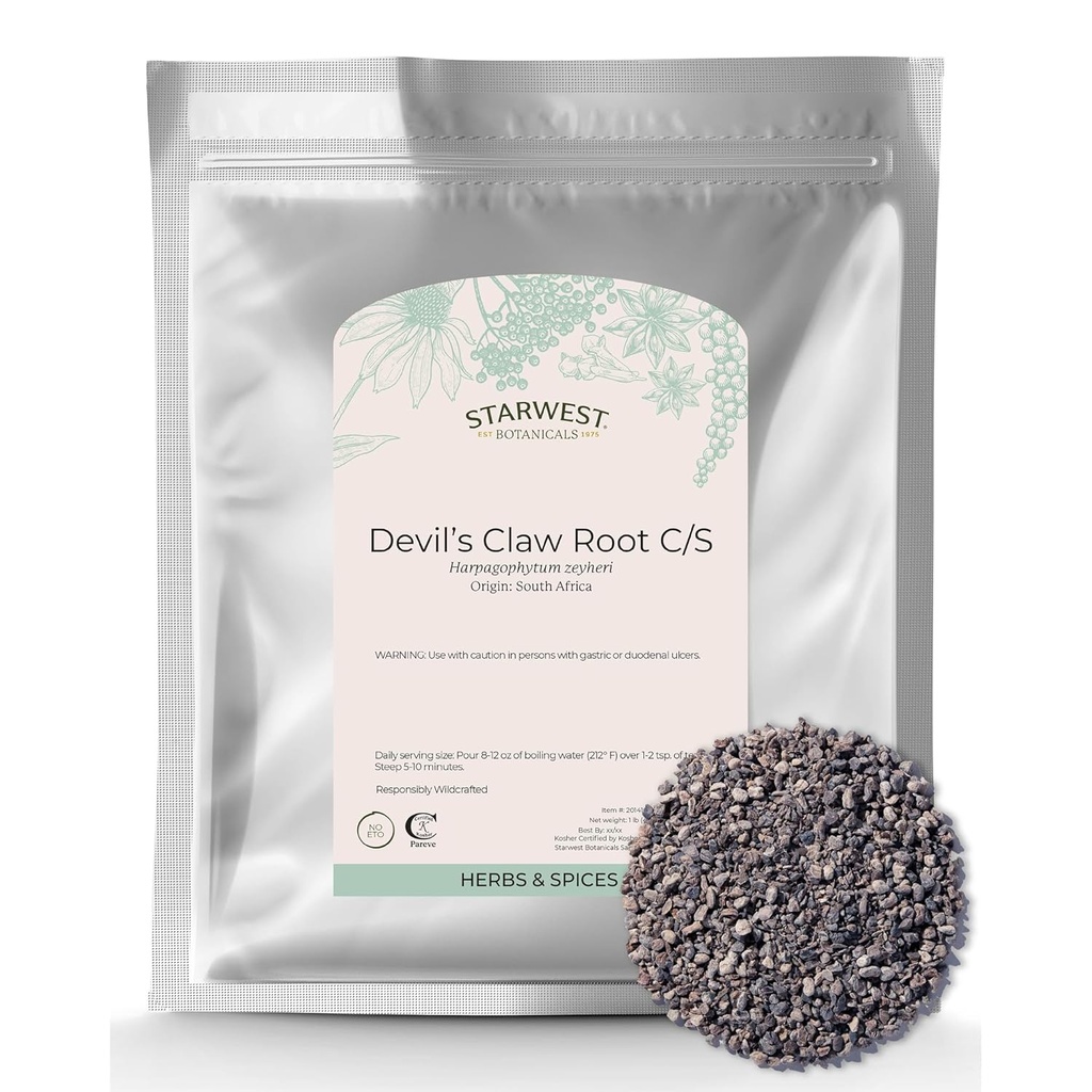 Starwest Botanicals Devil's Claw Juur - kuivatatud maitsetaimed tee ja looduslike taimsete segude jaoks, Pure Devil's Claw Root, Cut & Sifted, Wildcrafted, Certified Kosher - Bulk 1 lb Bag