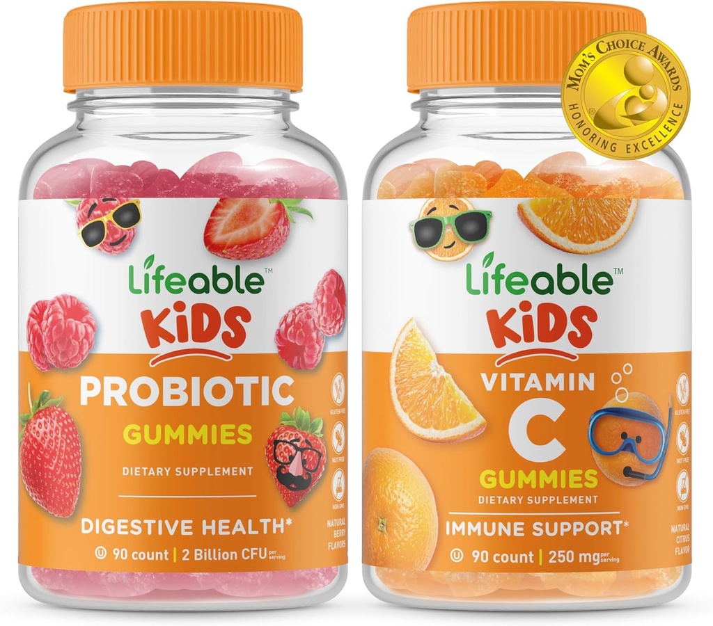 Elujõuline probiootiline 2 miljardit CFU lapsed + C-vitamiini lapsed, Gummies Bundle - suurepärane maitse, vitamiinilisand, Gluteenivaba, GMO-vaba, närimiskumm