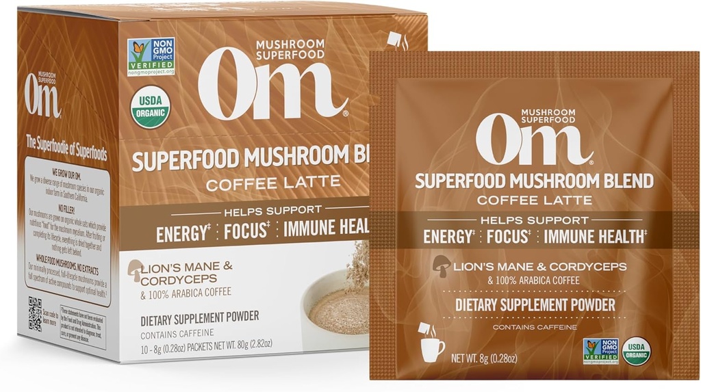Om Seene Superfood Kohv Latte Blend Seenepulber, Üks Serv, 10 Krahv, Lõvi Mane, Korditseps, Reishi, Chaga, Energia Ja Vaimse Selguse Toetamise Täiendus