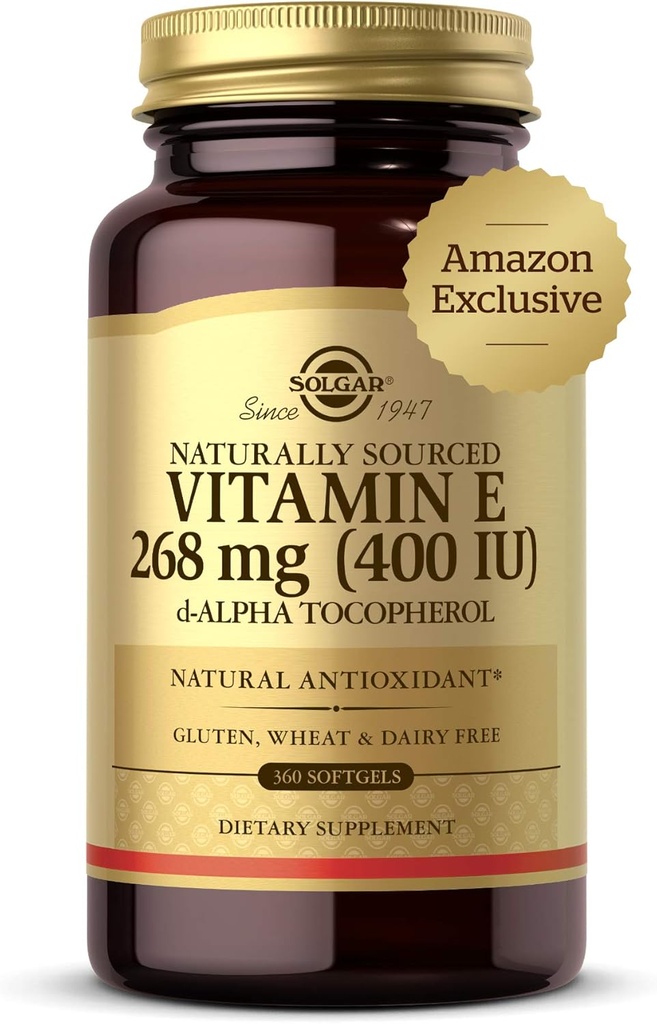 Solgar Vitamiin E 268 mg (400 IU), 360 Alpha Softgels - Natural Antioxidant, naha ja immuunsüsteemi tugi - Naturally-Sourced Vitamiin E - Gluteenivaba, Piimavaba - 360 Servings