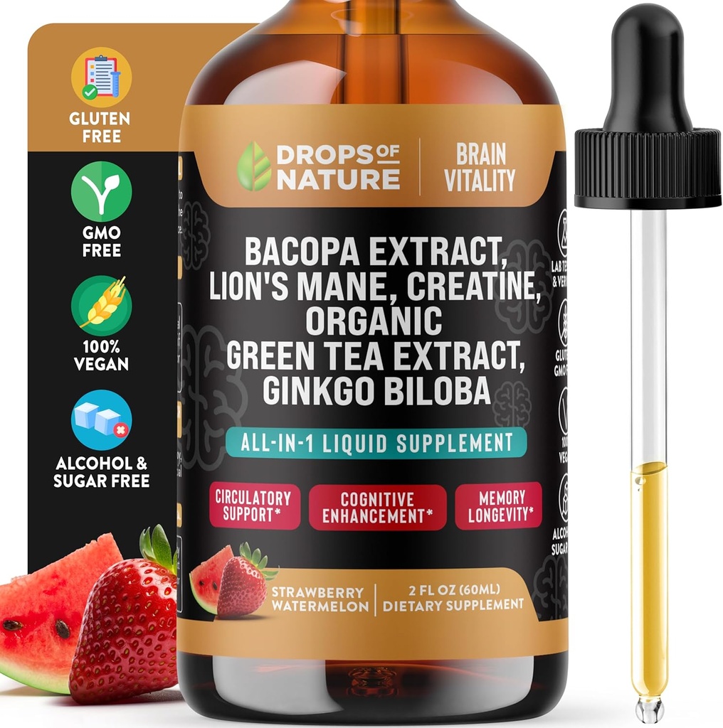 Kreatiin ja Bacopa Vedelik tilgad koos Lion's Mane, Green Tea & Ginkgo Biloba - Kiirem absorbeeriv segu kui Gummies & Pills - Veganilisa täiustatud fookuse ja tunnetuse jaoks (Maasikas Arbuusi, 60 ml)