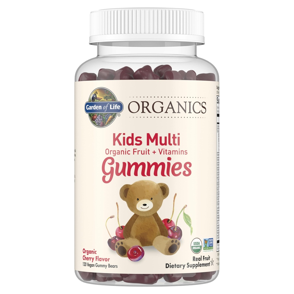Aed elu orgaanilised lapsed Kummi vitamiinid, sertifitseeritud orgaanilised, mitte-GMO ja Vegan Täielikud lapsed - B12, C & D3 Gluteen, soja ja piima tasuta Real Fruit Chew Gummies, Multi, Cherry, 120 Count