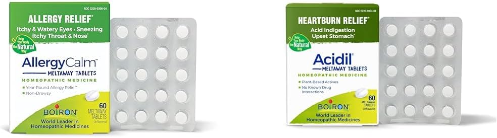 Boiron Allergia ja happe Refluks Relief Bundle koos AllergyCalm tabletid (60 loend) ja happe refluks ja seedehäired (60 loend)