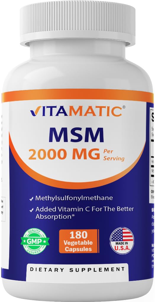 Vitamatic MSM 2000 mg koos C-vitamiini 75mg ühe serveerimise - 180 Veg kapslid - C-vitamiini abi parema absopriton MSM (metüülsulfonüülmetaan) - Non-GMO & Gluteenivaba