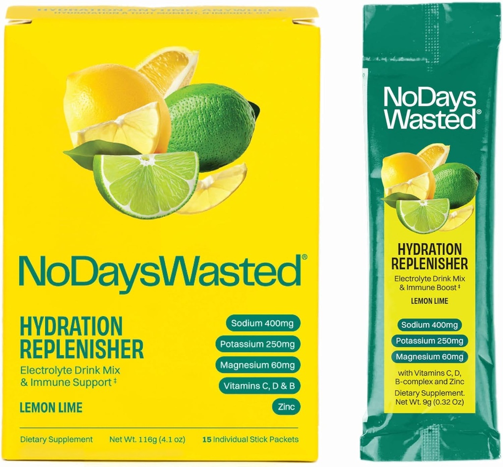 Ei päeva raisatud hüdraat Replenisher 15 Count - Elektrolüütide pulbrijoogi segu - Sidrunlubja - Naatrium ja kaalium rehüdreerimiseks Plus vitamiinid toetuseks (15 Count)