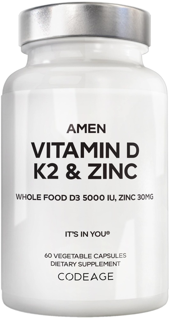 Amen Vitamiin D, K2 ja tsink, kolekaltsiferool D3 5000 RÜ, orgaaniline kogu toidu segu õunaga, mustikas, Jõhvikas, Elderberry Powder Fruits, Vegan Supplement, D3 K2 Vitamiinid, Non-GMO - 60 kapslit