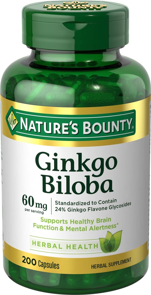Looduse Bounty Ginkgo Biloba, toetab tervislikku ajufunktsiooni, taimset toidulisandit, 60 Mg, 200 kapslit