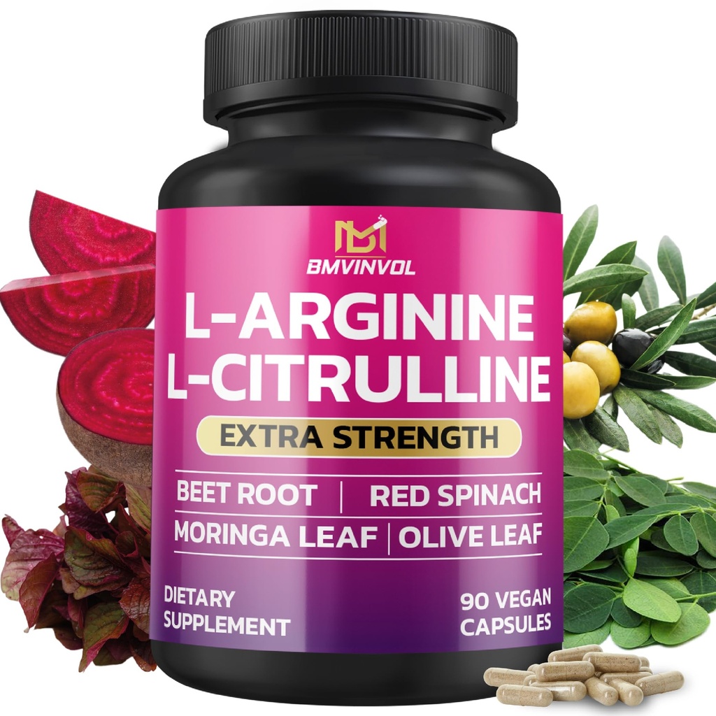 BMVINVOL L Arginiin L Citrulline Supplement Plus Beet Juur, Moringa, Olive, Red Spinach toetada Daily - 90 kapslit