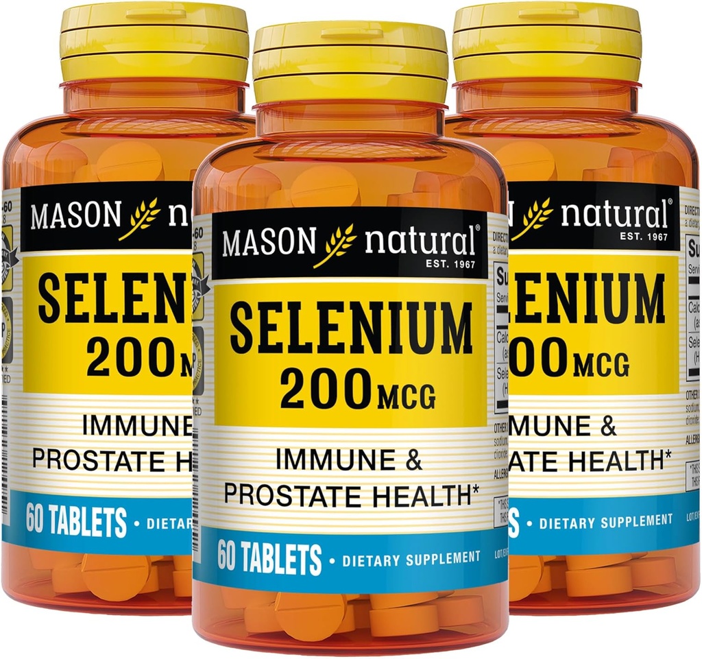 MASON NATURAL Selenium 200 mcg - antioksüdandi lisand immuunsuse toetamiseks ja eesnäärme terviseks, oluline jälje mineraal, 60 tabletti (3. pakendis)