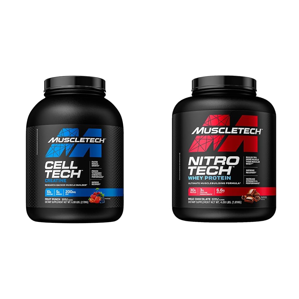 MuscleTech Kreatiinmonohüdraat Pulber Rakk-Tech Kreatiin Pulber & n Pulber Nitro-Tech Vadakuvalk Isolaat & Peptiidid | Piimašokolaad, 4 naela (pakk 1), 40 Servingut