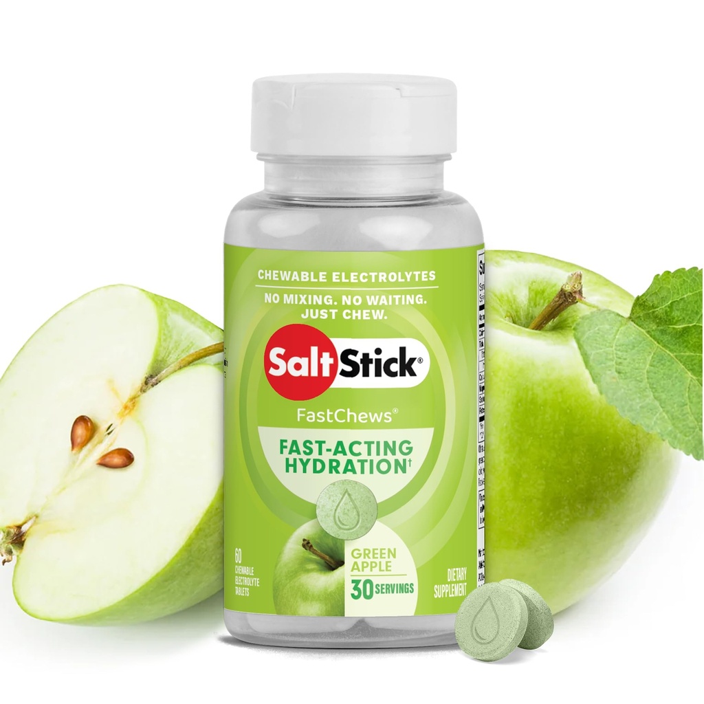 SaltStick Electrolyte FastChews - 60 rohelist õuna närimistable elektrolüüte - soolatabletid jooksmiseks ja hüdreerimiseks, elektrolüüte närimiskud - 60 loend