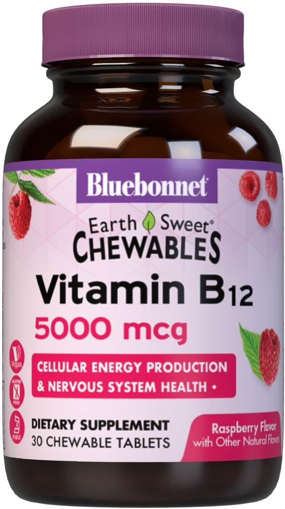 Bluebonnet Nutrition Earth Sweet Vitamin B12 5000 mcg närimistabletid, sojavabad, gluteenivabad, Kosher sertifitseeritud, piimavabad, veganid, vaarikamaitselised, 30 närimistabletti, 30 serveerimist