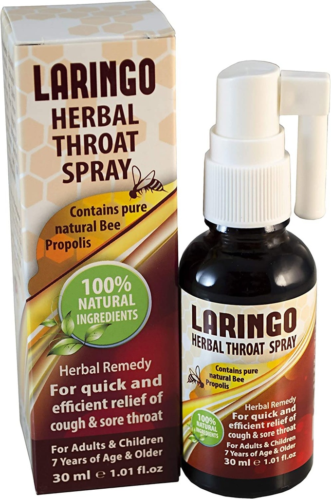 Laringo Throat Spray - Sisaldab Puhast 99% Toores Mesilase Propolis Väljavõte - 100% Looduslik Kurguravi täiskasvanutele ja lastele - Gluteenivaba, Kiire Relief. Kosher - 1 FL Oz