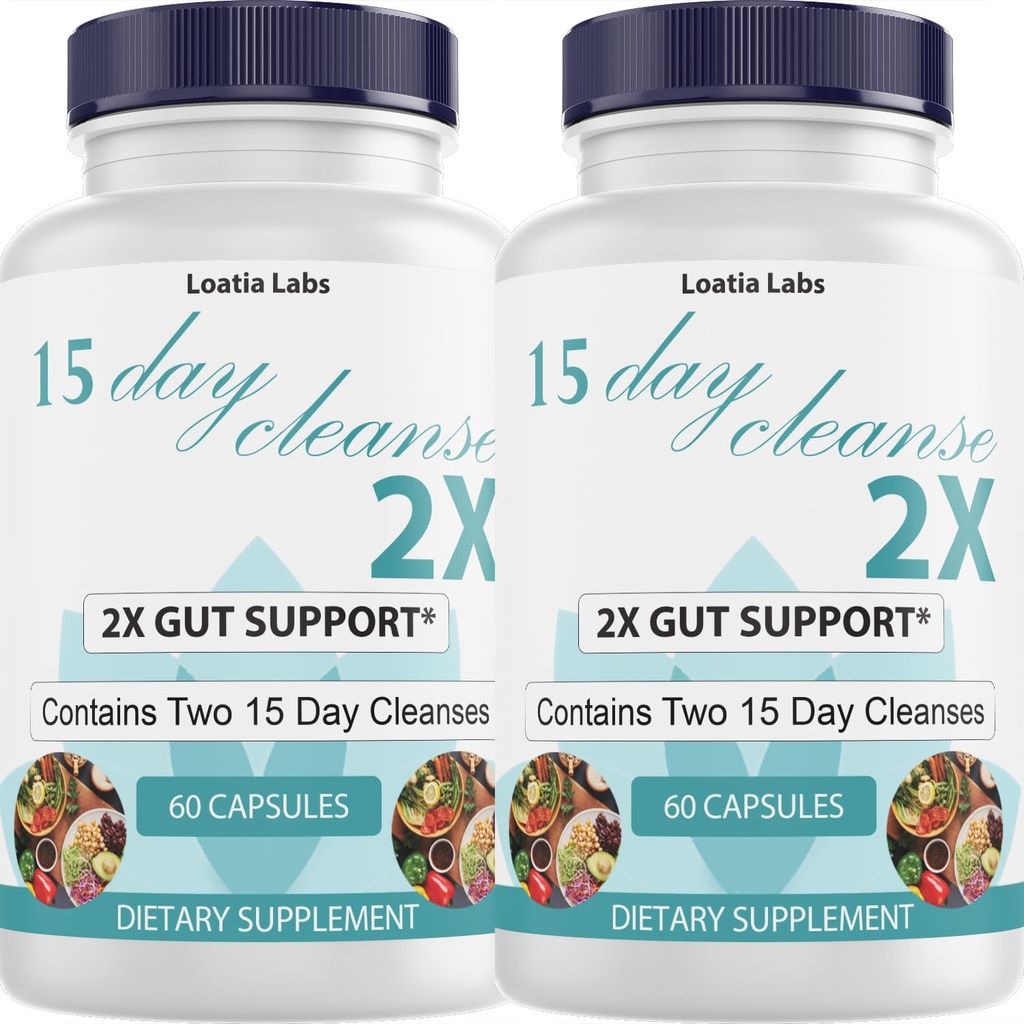 15 Day Cleanse 2X - Double Gut & Colon Support - Advanced Gut Cleanse Detox naistele ja meestele Alfalfa, Cascara Sagrada, Probiootikumid & Psyllium Husk - Non-GMO - valmistatud USA - 60 kapslit (2 pudelit)