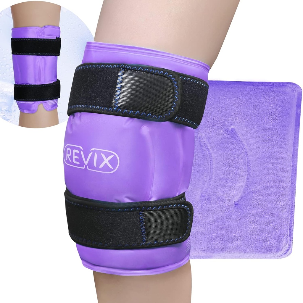 REVIX XL põlve jäämähis ümber kogu põlve, Gel jääpakend lihasvalu jaoks, külm pakend ebamugavuse vähendamiseks ja paindlikkuse edendamiseks, pehmed Plush vooderdused, lilla