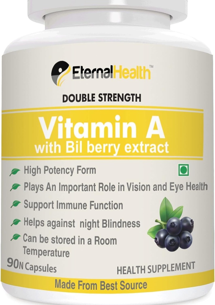 Eterna.l-Health A-vitamiin (kahekordne tugevus) koos mustikaekstraktidega ja retinüülpalmitaadi ekstraktidega - kõrge tugevusega vorm - toetab tervislikku nägemist ja immuunsüsteemi ja tervislikku kasvu - 90 Veg kapslit
