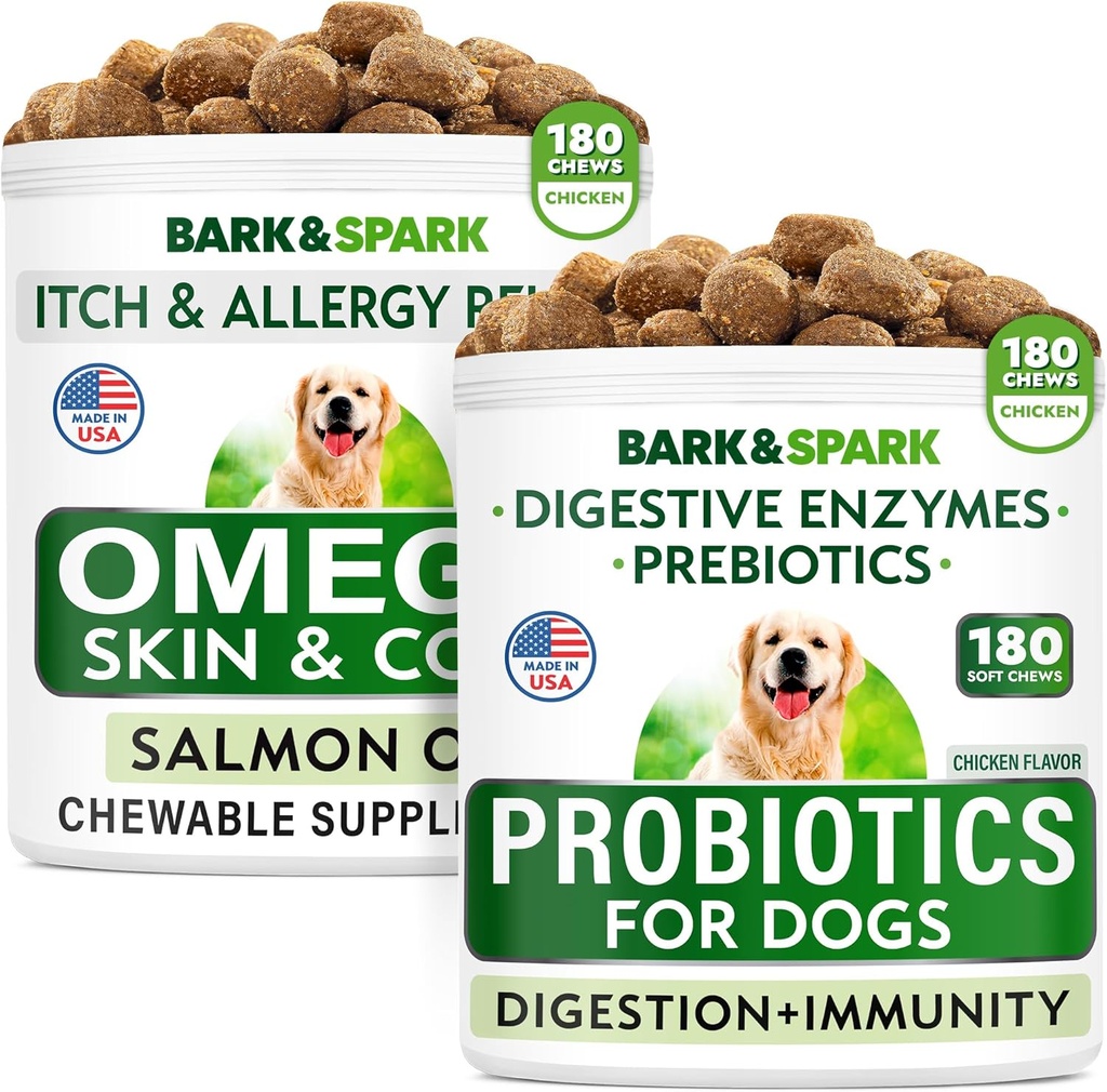 Koerte probiootikumid Näri + Omega 3 koertele Koerte komplekt - gaas, kõhulahtisus, kõhukinnisus, kõhupuhitus, kõhupuhitus + allergia ja süljepuhitus - seedetrakti ensüümid + prebiootikumid + omega 3 - naha ja karva tugi