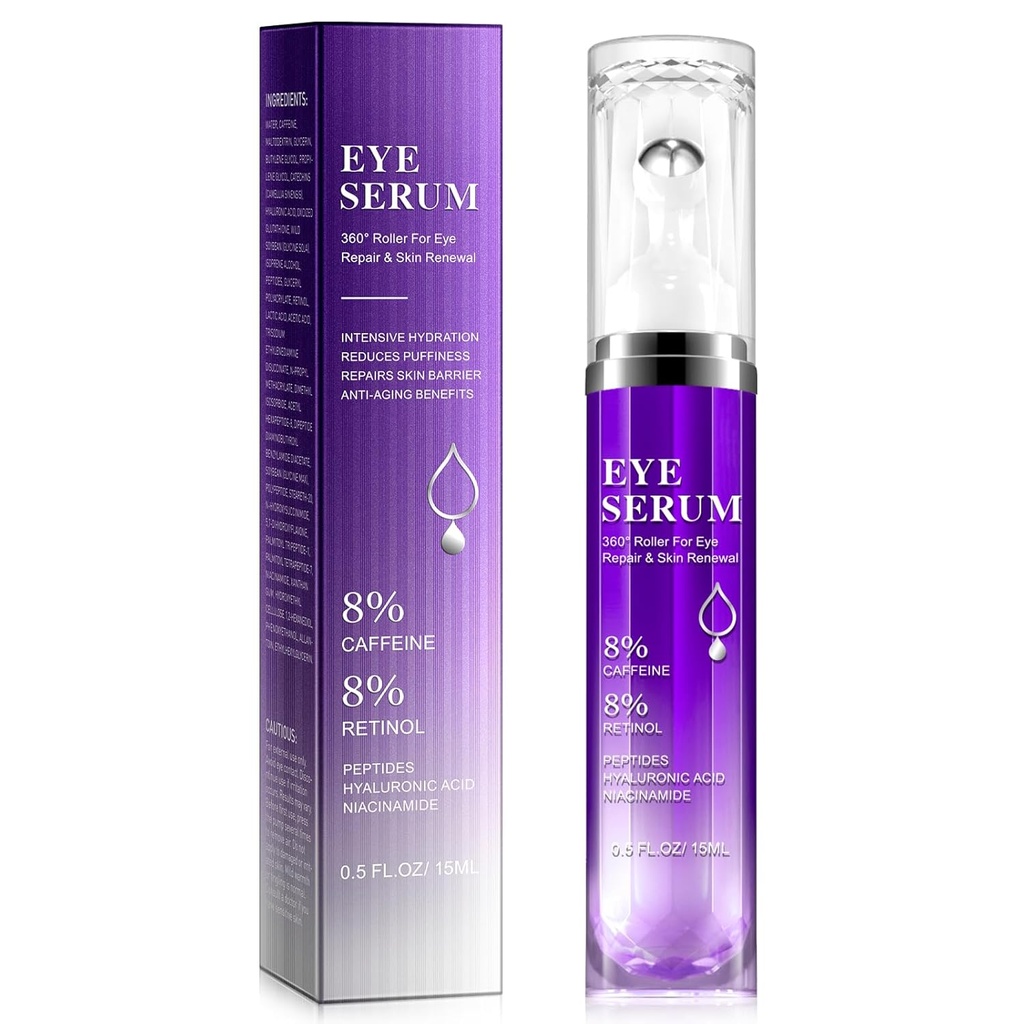 Silmarulli seerum - 8% kofeiini ja 8% retinooli silmakreem tumedate ringide, pundumise ja kottide jaoks, Puffy kotid peened jooned kortsud, 360 ° massaaži pallikreem, hüaluroonhappe seerum meestele ja naistele