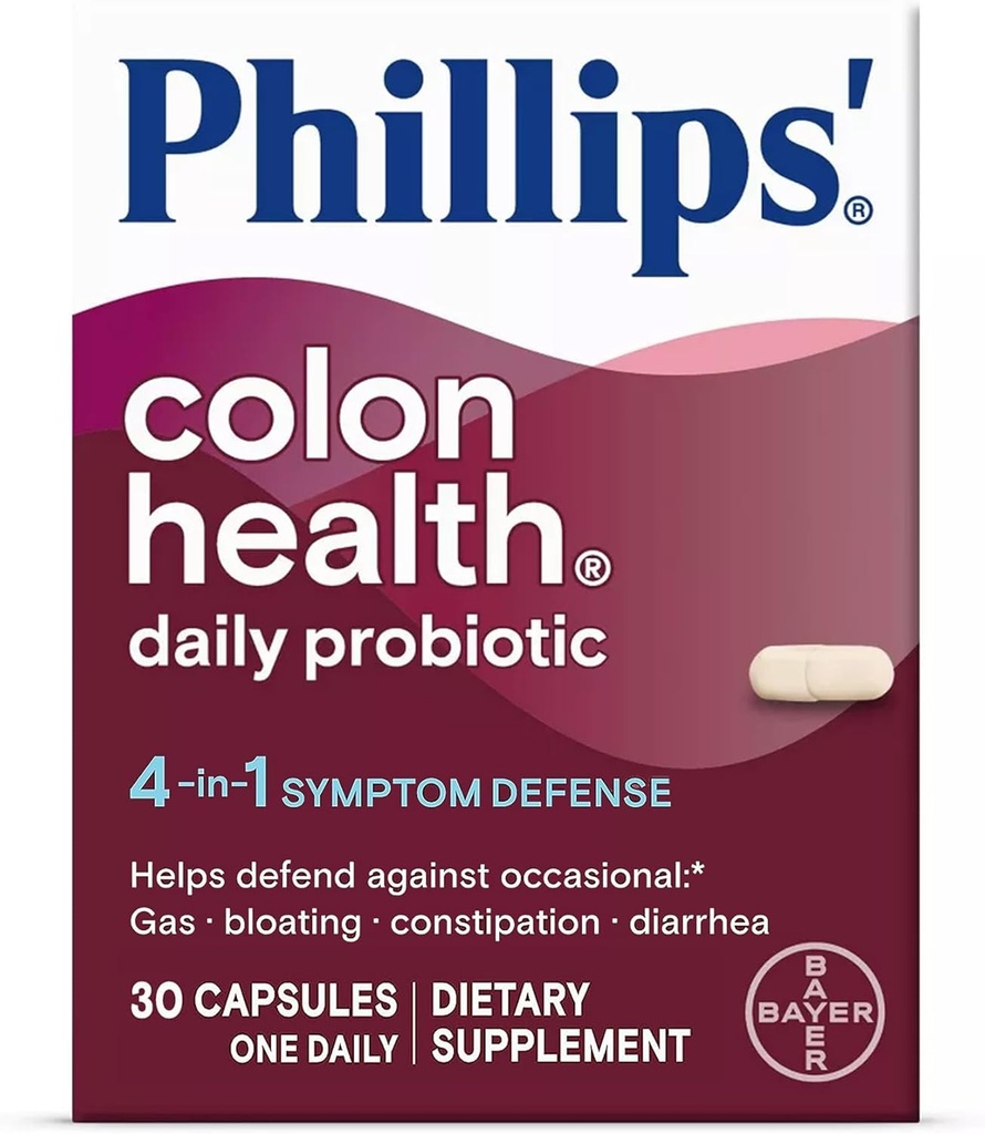 Phillips' Colon Health Daily Probiootilised kapslid, 4-in-1 Sümptom Kaitse, mis aitab kaitsta juhusliku gaasi, puhituse, kõhukinnisuse ja kõhulahtisuse eest, igapäevane täiendus, 30