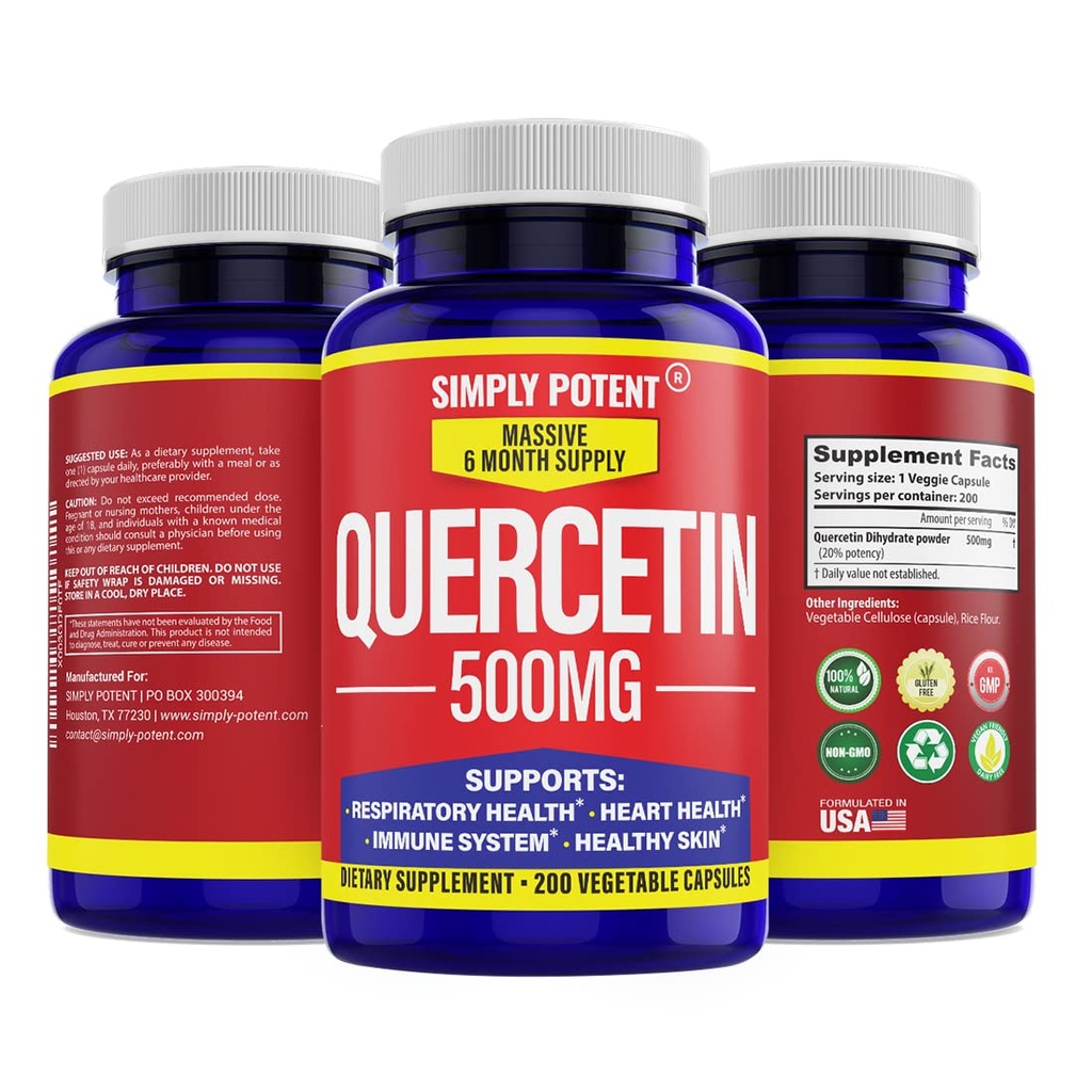 Lihtsalt võimsad Quercetin toidulisandid, Quercetin 500mg 200 kapslit, 2 X Quercetin 250mg Fütosoom Bioflavonoid Antioksüdant Vegan Gluteeni vabad tabletid, et toetada tervislikke südame ja immuunsüsteemi funktsioone