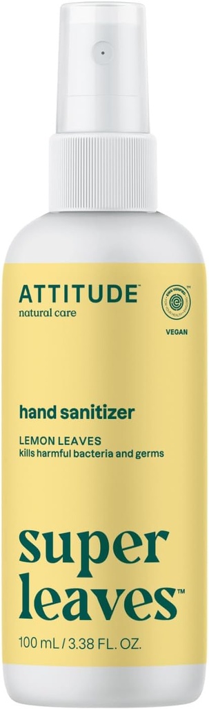 ATTITUDE Hand Sanitizer Spray, EWG Verified, Kills Germs & Bakterid, Vegan & Plant-Based, ohutu täiskasvanutele ja lastele, Sidrun Lehed Lõhn, 3.38 Fl Oz (Spray Bottle)