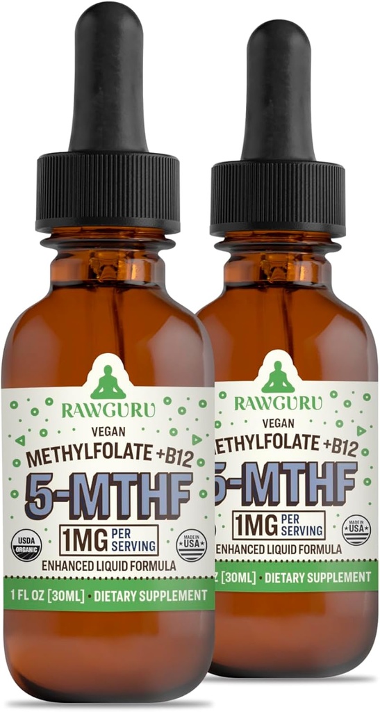 RawGuru Metüülfolaat 1mg + vitamiin B12 - orgaaniline Vegan Metüülitud B12 koos jälgede mineraalidega - Nano-töödeldud ja täiustatud vedel valem - 300 Vegan tilka 30 ml kohta, pakend 2