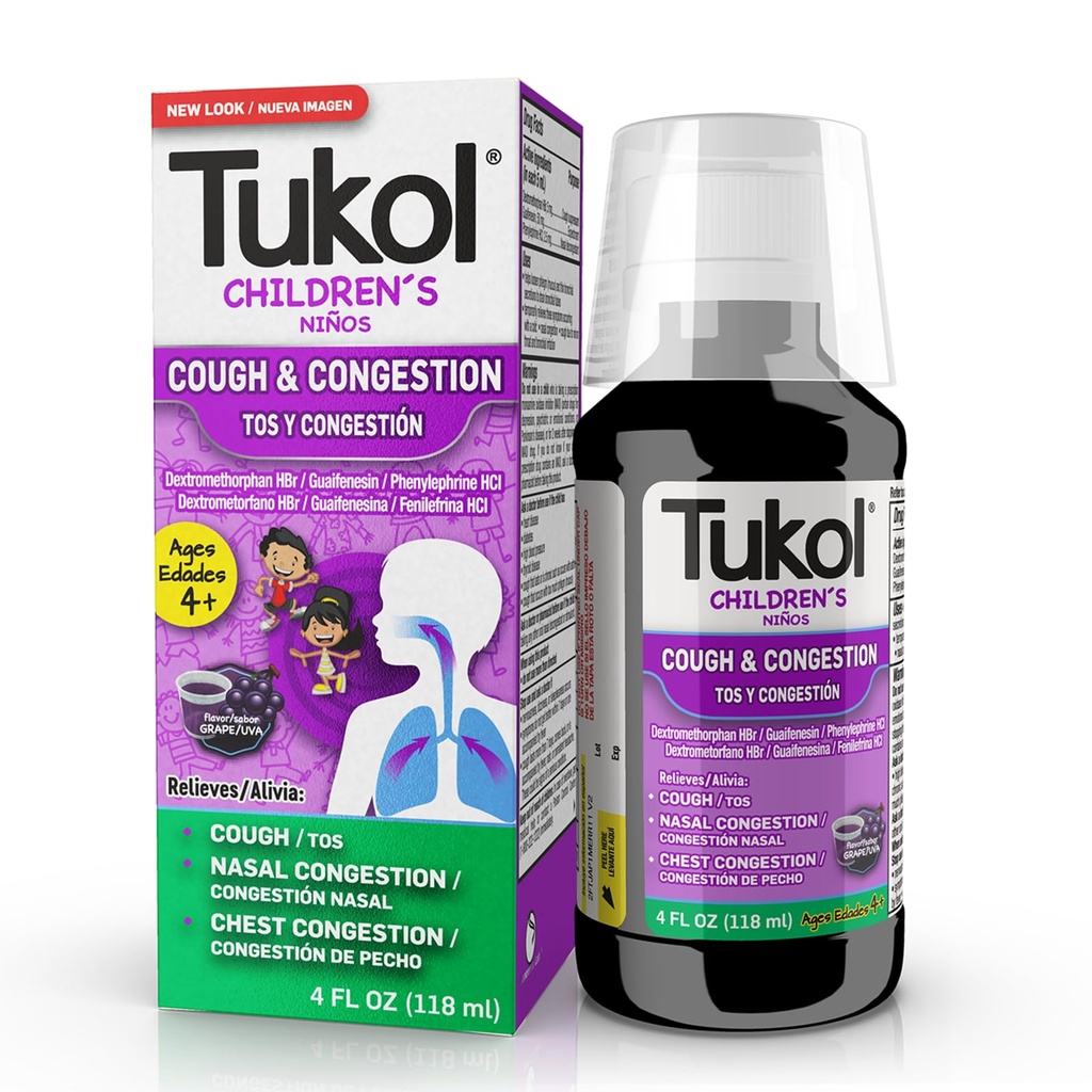 TUKOL Laste köha meditsiin - köha ja ummikute leevendamine, rindkere köha supressant lastele, laste külm ja köha meditsiin, lapsed köha siirup vanuses 4 + viinamarjamaitse 4 FL OZ