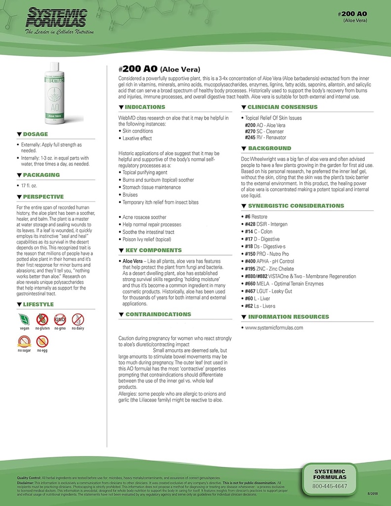 Süsteemsed valemid AO - Aloe Vera 16 Fl Oz BioExtract #200. 3-4x Aloe Vera ekstrakti kontsentratsioon sisemisest geelist Rich. sisemiseks ja väliseks kasutamiseks.