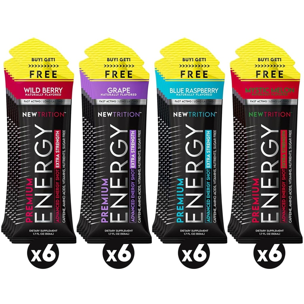 NewTrition® Extra Strength Energy Shots 1, 7 fl oz (pakk 24, 4 maitset) - 250 mg kofeiini B-vitamiinide ja aminohapetega, suhkruvaba nullkaloriga vitamiini energiajook fookuse ja vastupidavuse jaoks (segu-1)