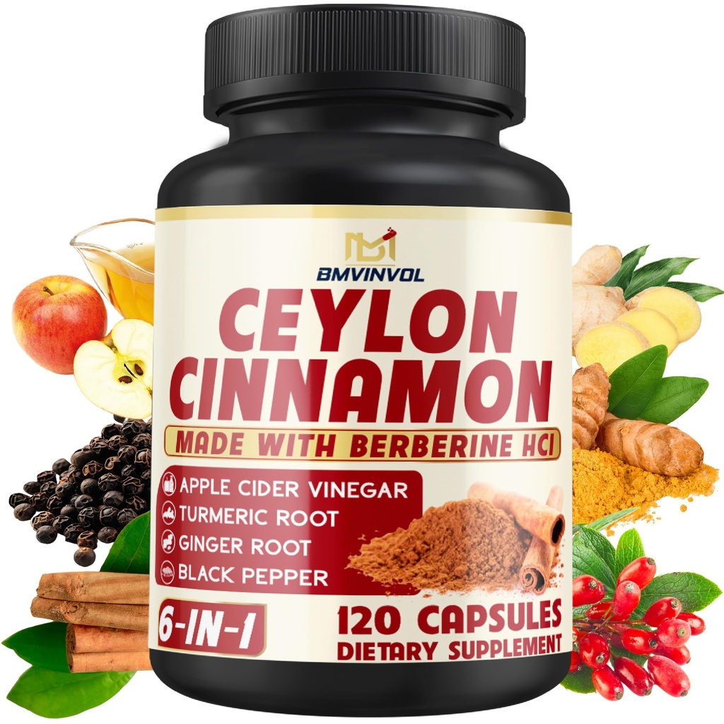 Ceylon Cinnamon Kapslid Berberine HCl, Apple Cider Vinegar, Kurkum, ženšenn, Black Pepper - 6in1 Toetamiseks Immuunfunktsiooni - 120 Count