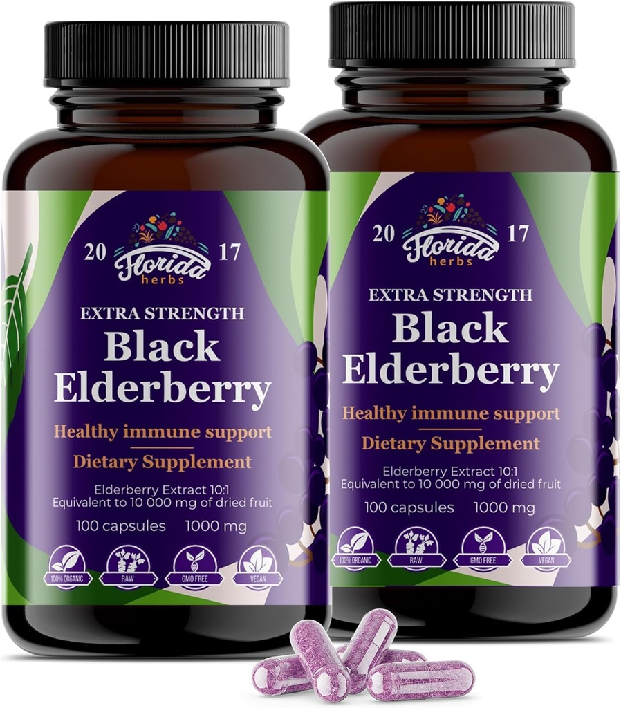 Black Elderberry kapslid | 200 Count - 10 000 mg | Sambucus Elderberry Vitamiinid, Non-GMO, Gluteenivaba, Orgaaniline Elderberry Extract Sambucus Nigra - 200 Vegan Kapslid - Pakend 2