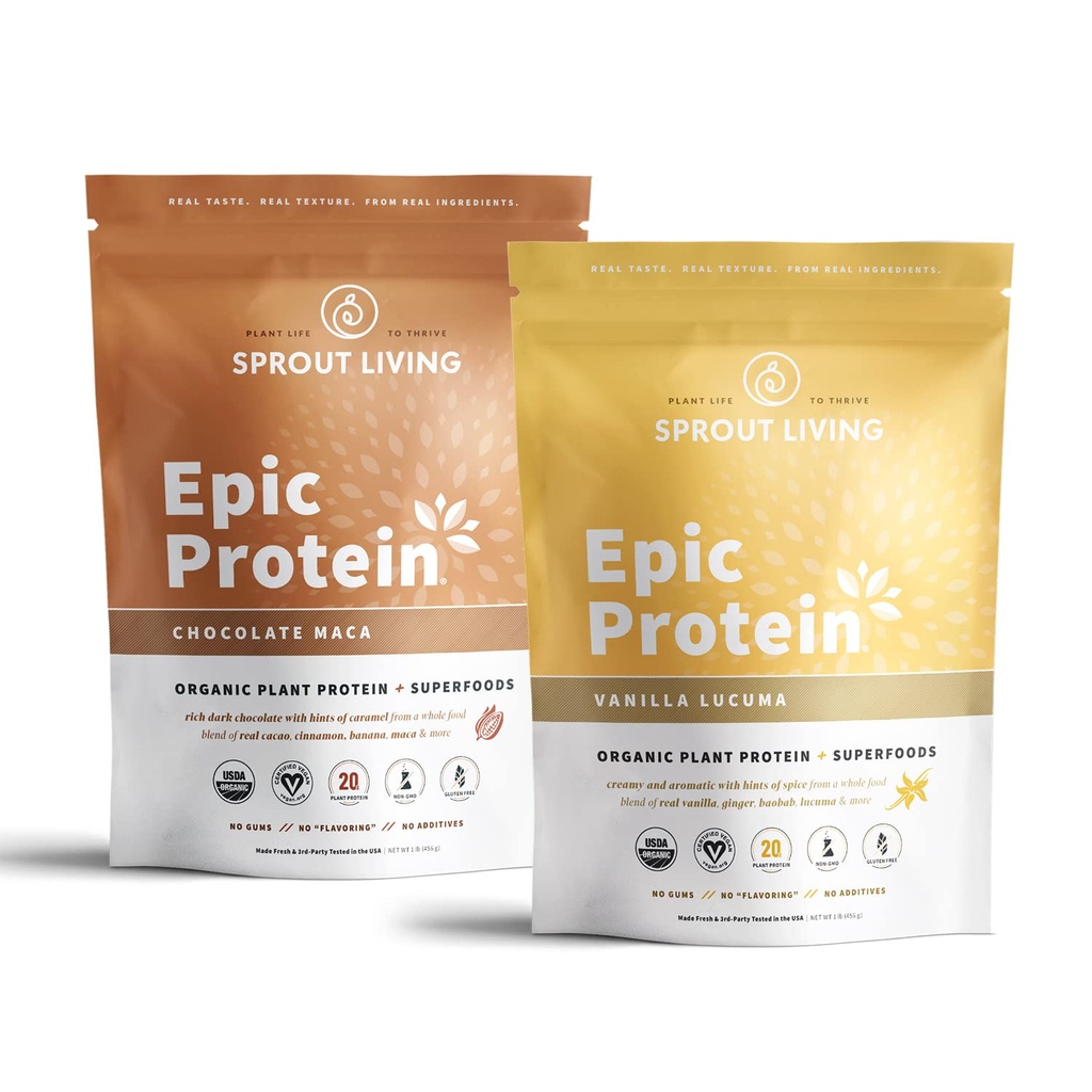 Sprout Living Epic Protein Bundle - Chocolate Maca & Vanilla Lucuma (20g Orgaaniline Taimepõhine Valgupulber, Vegan, Gluteenivaba, Superfoods) | 1lb, 12 Servings