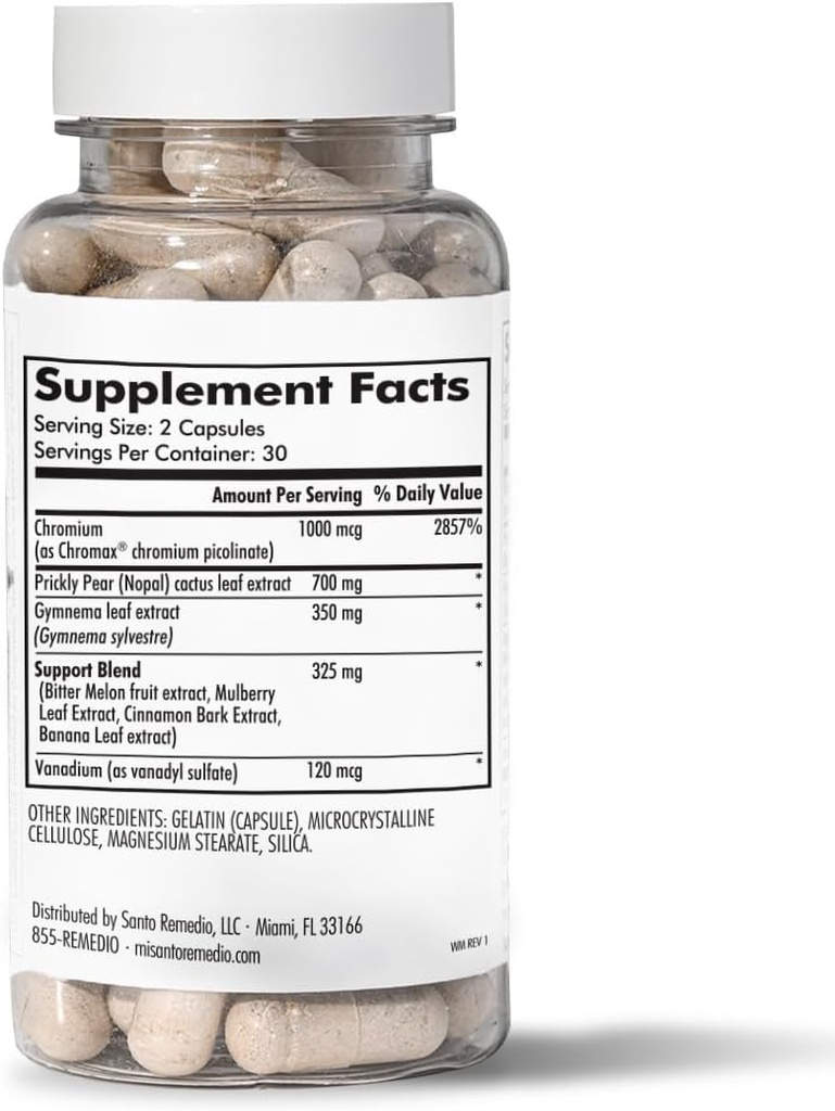Santo Remedio eksklusiivne valem Nopal, kroompikolinaat (Chromax), Gurmar (Gymnema Silvestre) ja Vanadyl Sulfate. 60 kapslit (30 Servings)