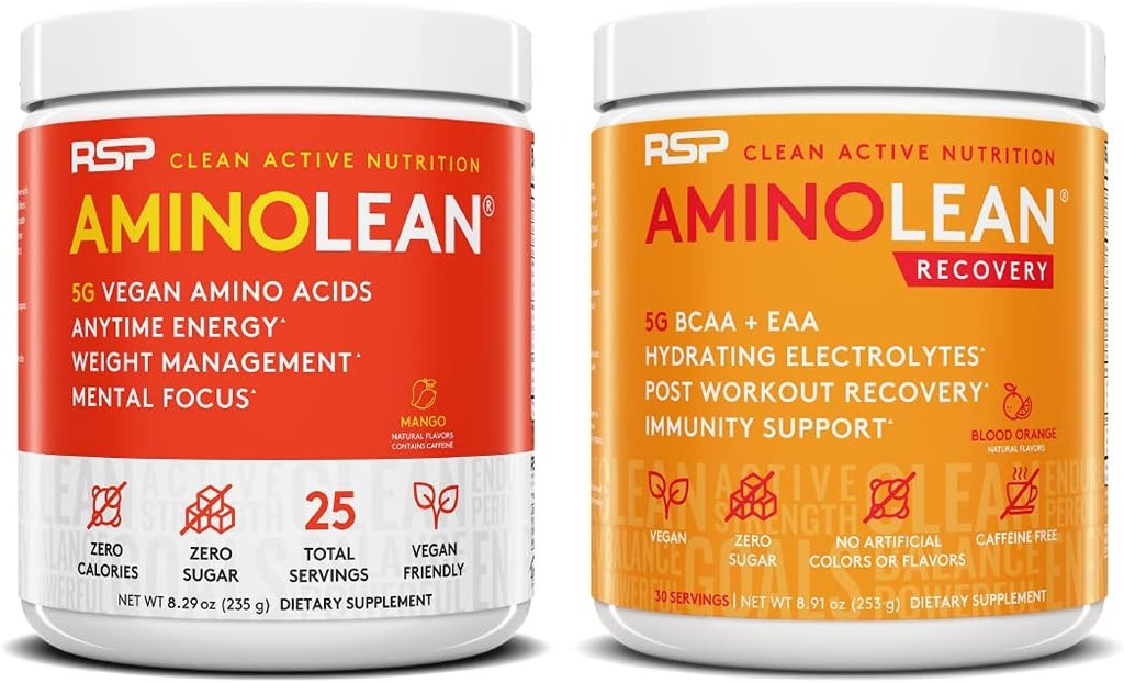 Vegan AminoLean Pre Workout Energy (Mango 25 Servings) koos AminoLean taastamise post Treening Boost (Blood Orange 30 Servings)