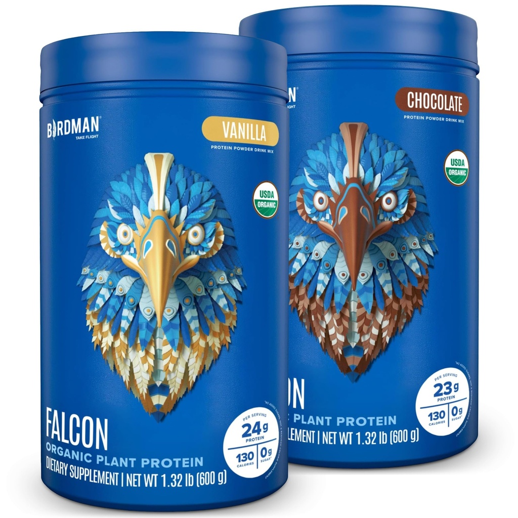 BIRDMAN Falcon Vegan Valgupulber Orgaaniline, Stevia & Sugar Free, Taimne Põhineb, Low Carb, Piimavaba, Keto, Non Whey, Probiootikum, Herne Valk | Combo Pack: Vanilla & Chocolate Maitsed - 20 Servings Iga