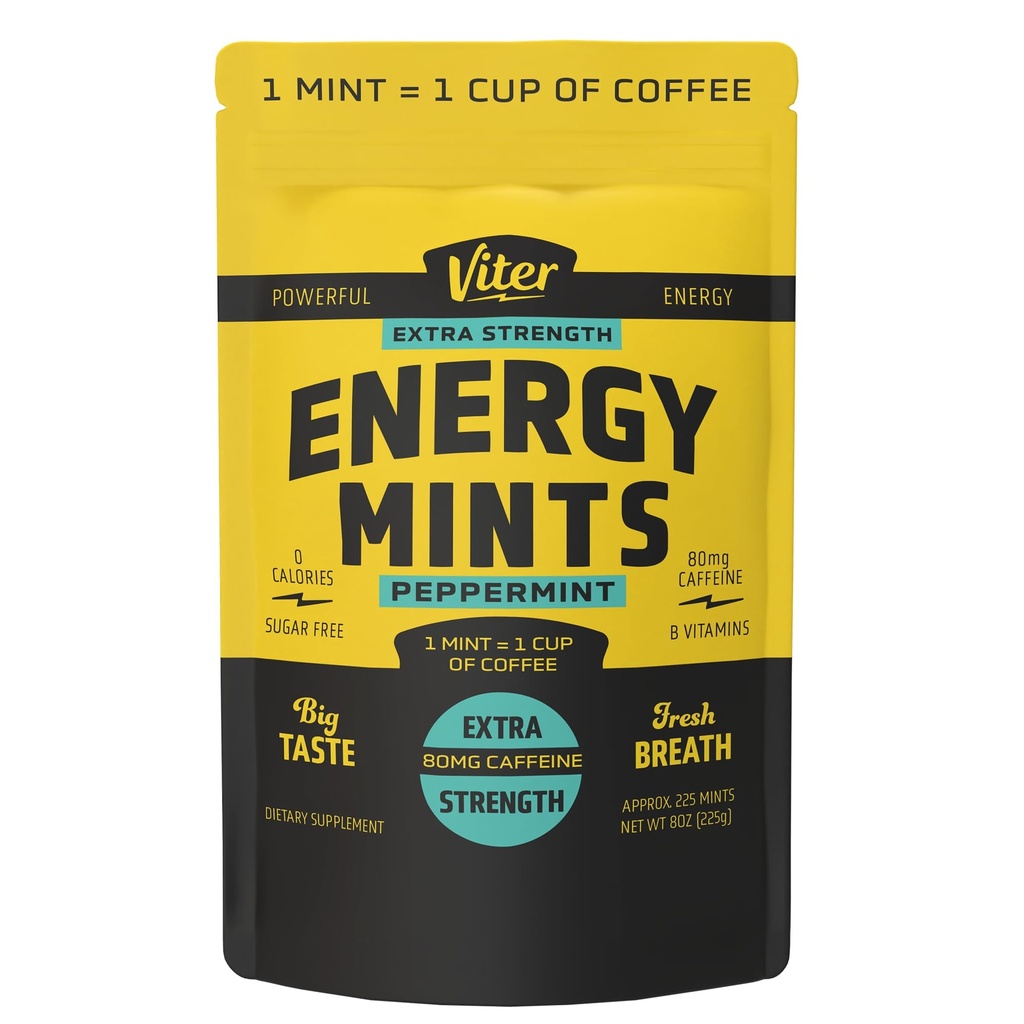Viter Energy Extra Tugevus Kofeiinitud Mints 80mg Kofeiin, B vitamiinid, suhkruvaba. (Peppermint, 8oz, Bulk Bag)