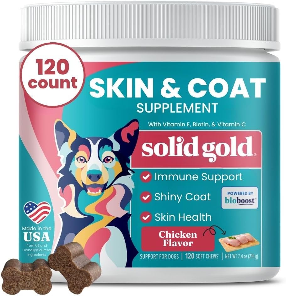 Solid Gold Omega 3 Kalaõli koertele Pehme närimine - Kana maitsestatud Omega 3 koera nahale ja kate tervisele - C-vitamiin, E & Biotiin Juustud kuivale nahale, Immune Support & Itch Relief for Dogs - All Ages 120ct