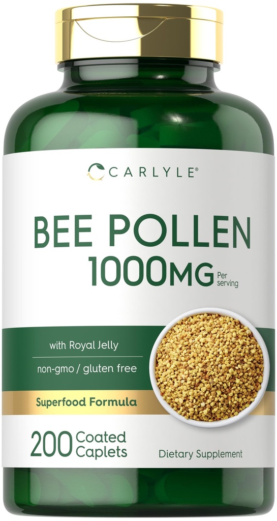 Carlyle Bee Pollen Supplement | 1000mg | 200 Caplets | Royal Jelly and Bee Propolis | meestele ja naistele | Taimetoitlane, mitte-GMO, Gluteenivaba
