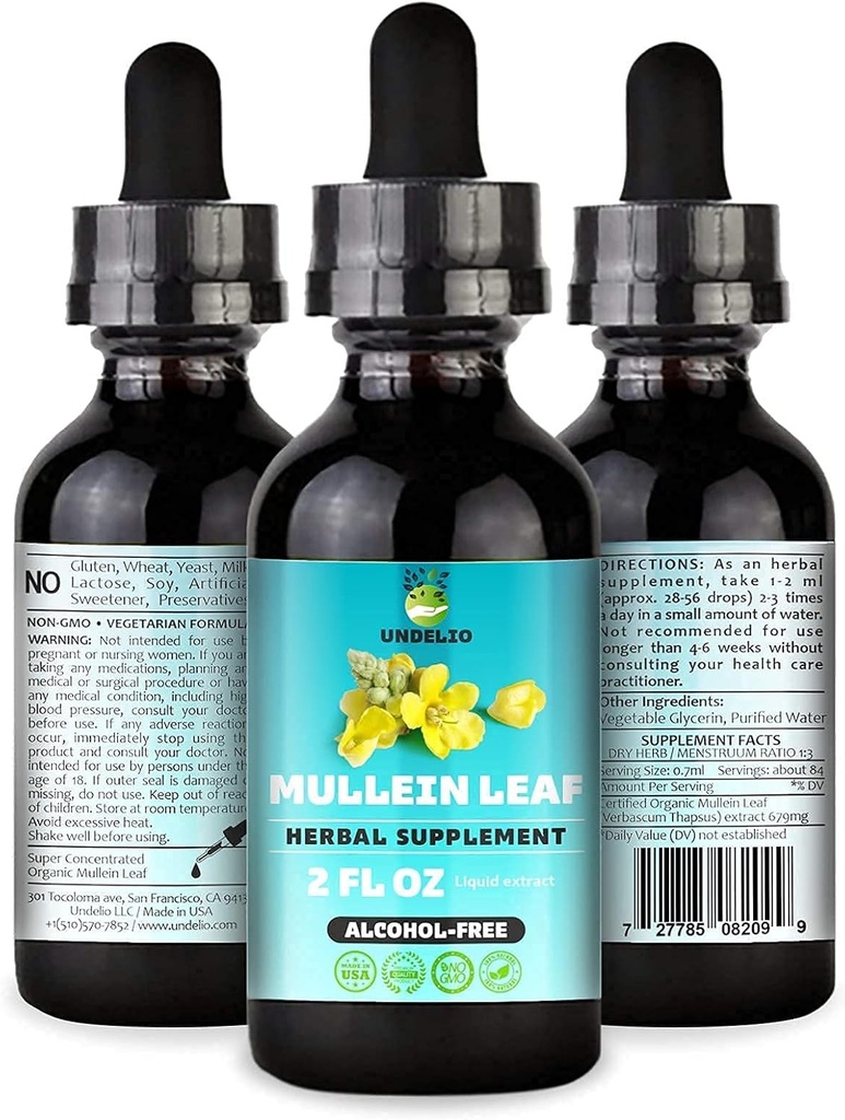 Undelio's Herbal Mullein Leaf Extract - orgaaniline ja alkoholivaba tinktuur hingamisteede, kopsude, une ja seedehäirete toetamiseks - Non-GMO, Vegan - 2 fl. Oz immuunsuse tervise ja Lung Detox