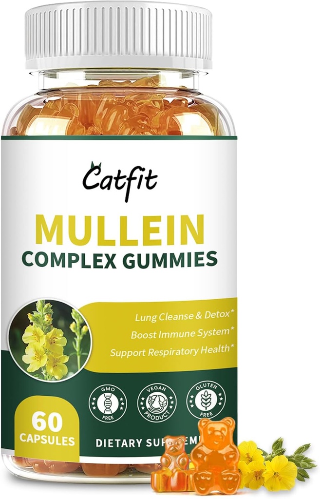 Catfit Mullein Gummies for Lungs - Mullein Leaf Extract Quercetin, Elderberry for Respiratory & Immune Support, Lung Health & Breathing, Vegan, ananassimaitse, 60 Gummies