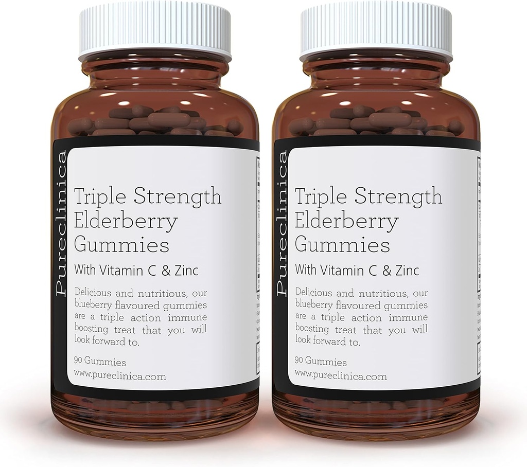 pureclinica kolmekordne immuunsuse tugi - Elderberry Gummies koos C-vitamiini ja tsink x 180 Gummies (2 pudelit 90) - kuni 6-kuuline pakkumine!