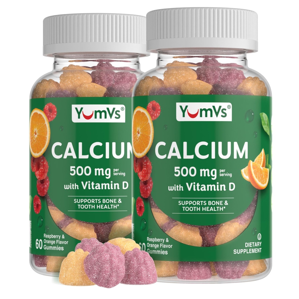 YumVs Calcium 500mg koos D3-vitamiiniga - Vaarika ja apelsini maitse Kaltsium D-vitamiini kummid, närimiskõlblik kaltsiumilisand lastele ja täiskasvanutele, D-vitamiini kaltsiumkummid (60 loend (2. pakk))