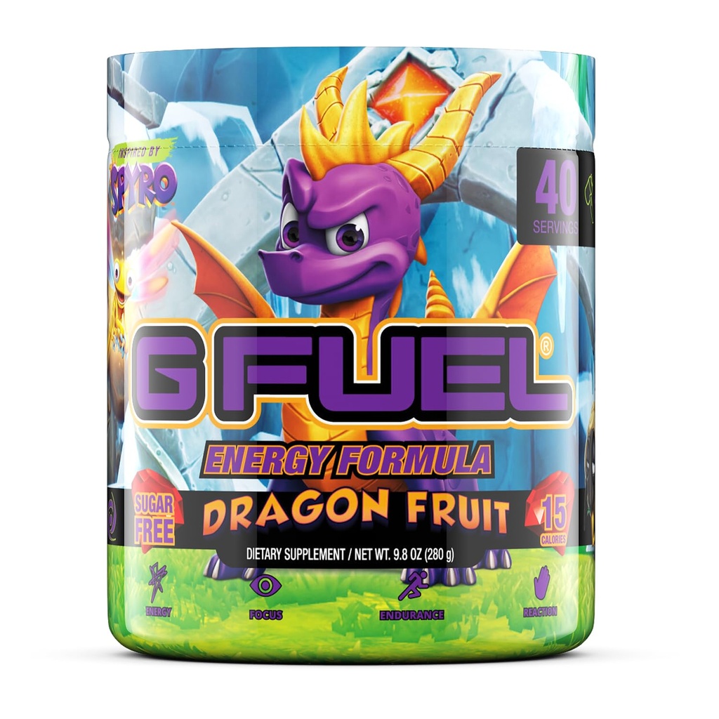 G Fuel Spyro Draakoni energiajoogi pulber, Pre Treening Kofeiinisegu hasartmängudeks, Sugar Free Focus Amino, Vitamiin + Antioksüdandid, 9,8oz (Dragon Fruit, 40 Servings)