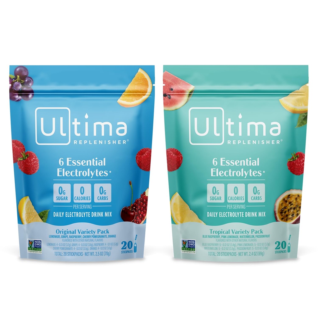 Ultima Replenisher Daily Electrolyte Powder Drink Mix – Sugar Free – troopilised sordid ja 5-lõhnalised sordid, 20 Stickpacks – Hüdratsioonipaketid 6 elektrolüüdi ja mineraalidega – Keto, Non-GMO