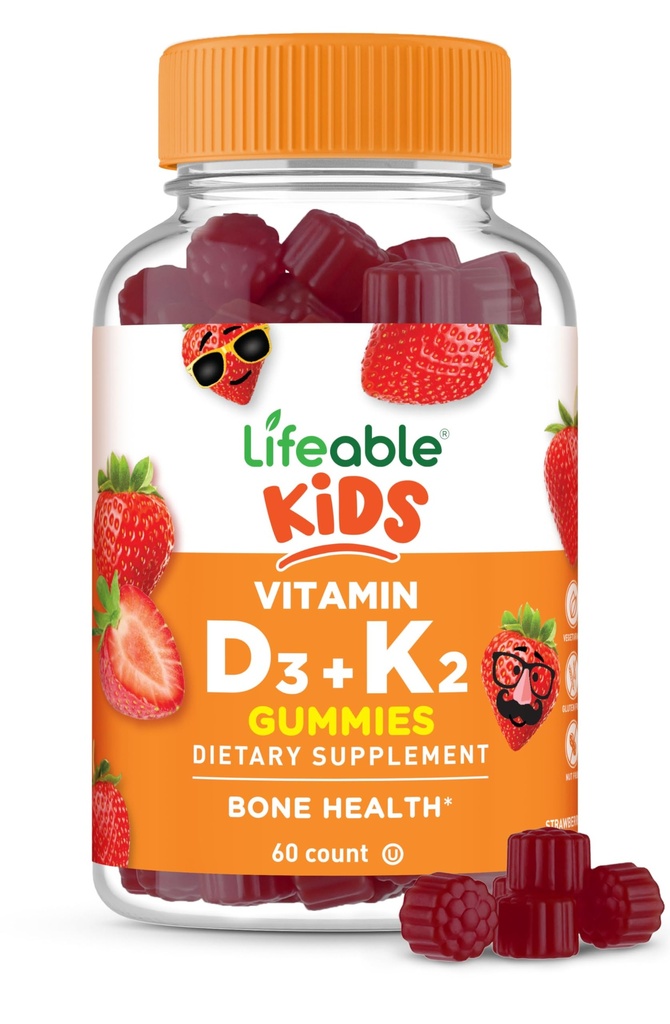 Elukõlblikud lapsed Vitamiin D3 K2 Gummies | 1000iu D3 ja K2 100mcg | Suurepärane maitse D3 ja K2 toidulisandid | Luude tervise ja immuunsuse jaoks | VIT D3 K2 lastele | 60 kummikut